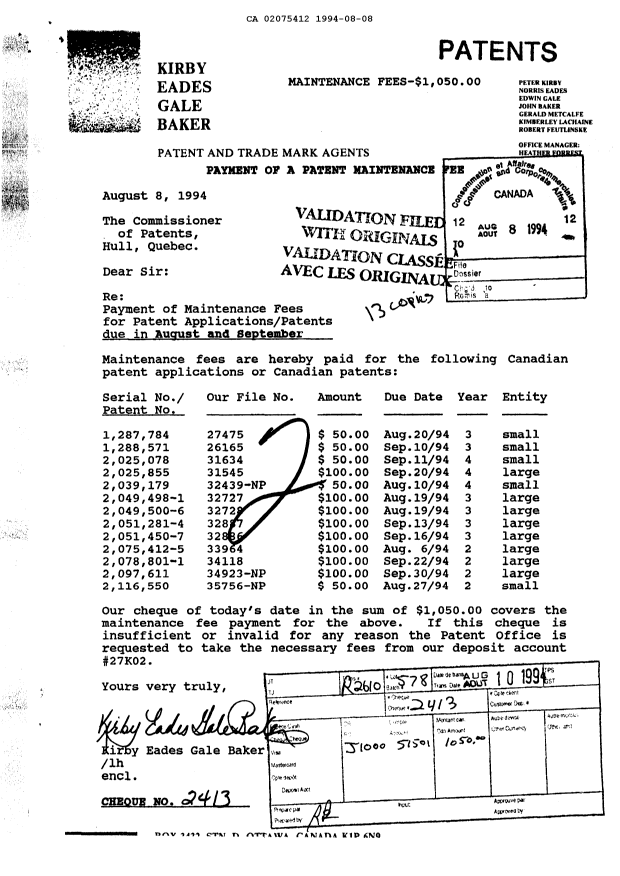 Document de brevet canadien 2075412. Taxes 19940808. Image 1 de 1
