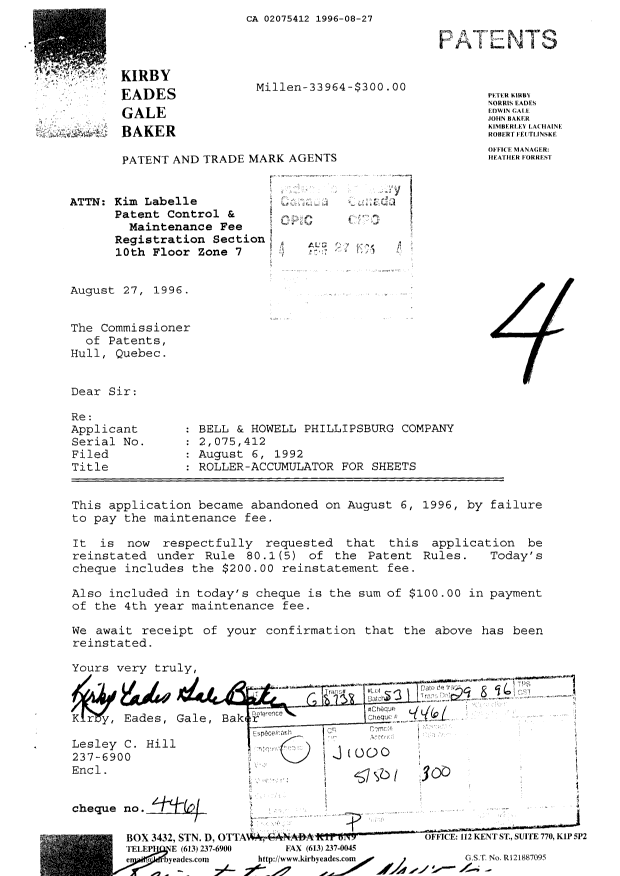 Document de brevet canadien 2075412. Taxes 19960827. Image 1 de 1