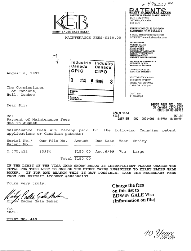 Document de brevet canadien 2075412. Taxes 19990806. Image 1 de 1