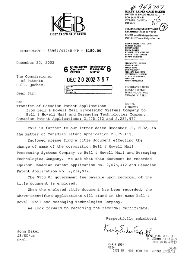 Document de brevet canadien 2075412. Cession 20021220. Image 1 de 4