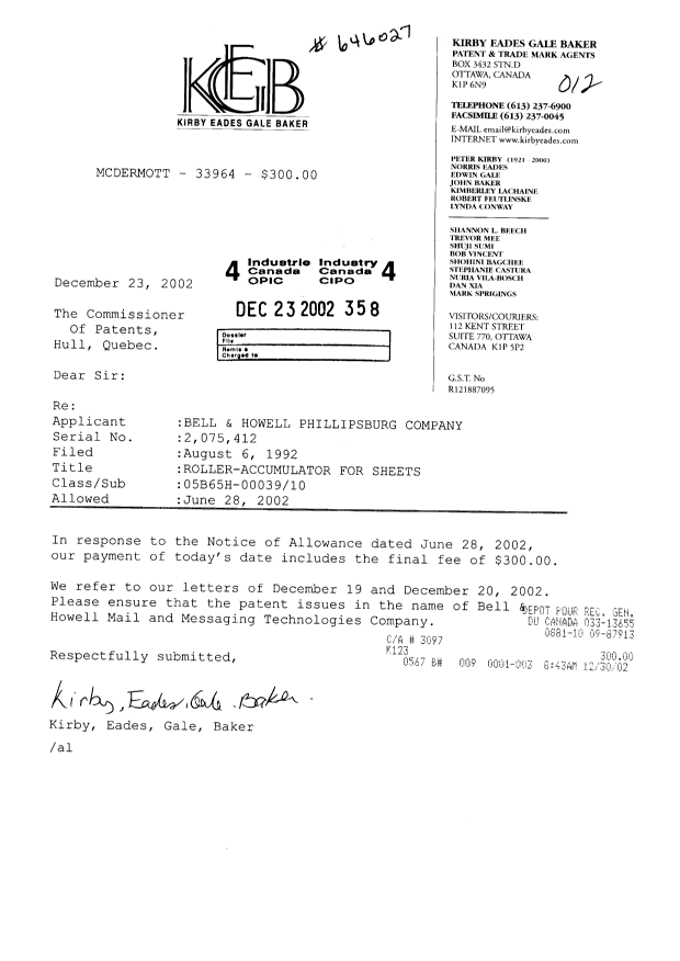 Document de brevet canadien 2075412. Correspondance 20021223. Image 1 de 1