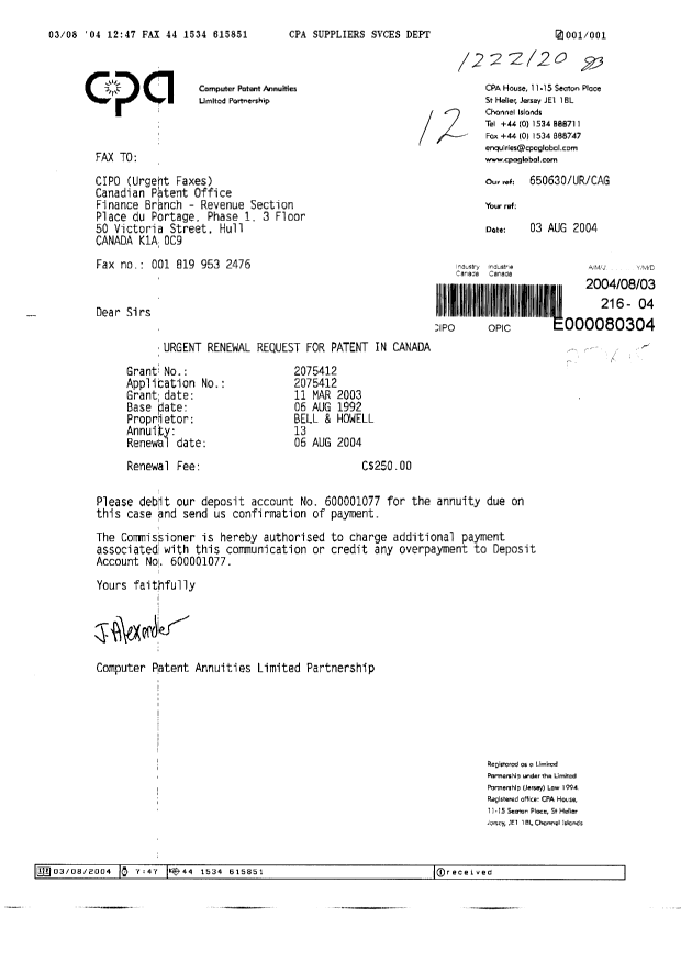 Document de brevet canadien 2075412. Taxes 20040803. Image 1 de 1