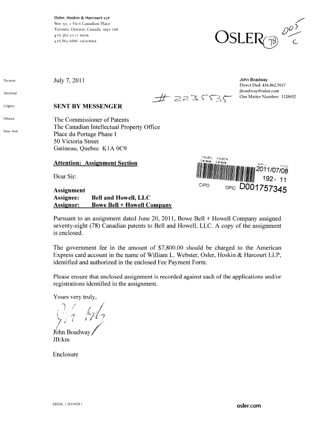 Document de brevet canadien 2075412. Cession 20110708. Image 1 de 7