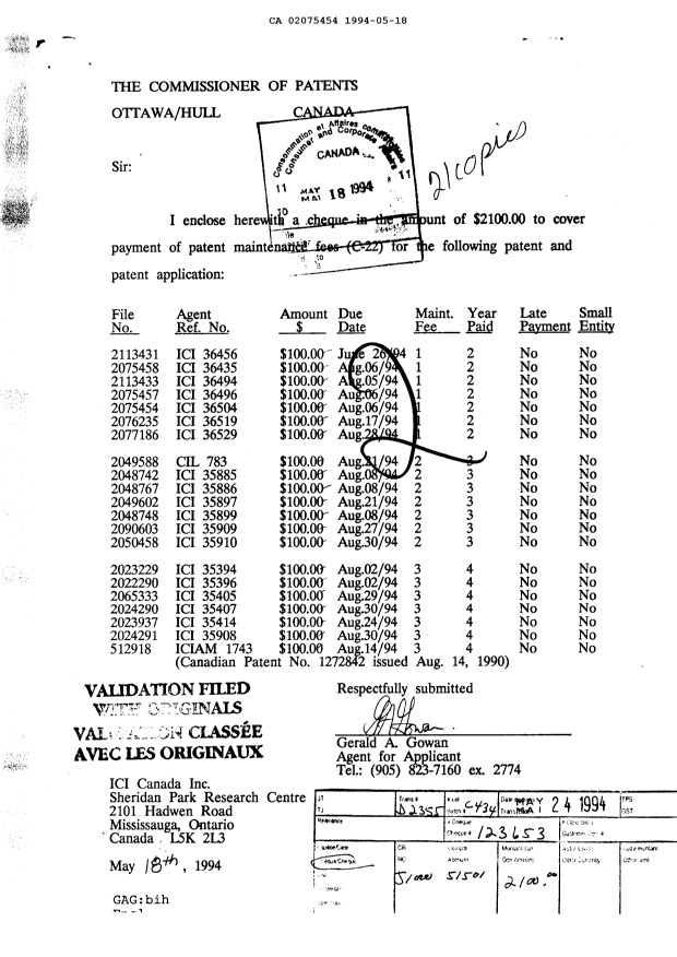 Canadian Patent Document 2075454. Fees 19940518. Image 1 of 1