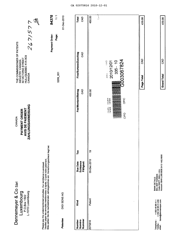 Document de brevet canadien 2075816. Taxes 20101201. Image 1 de 1