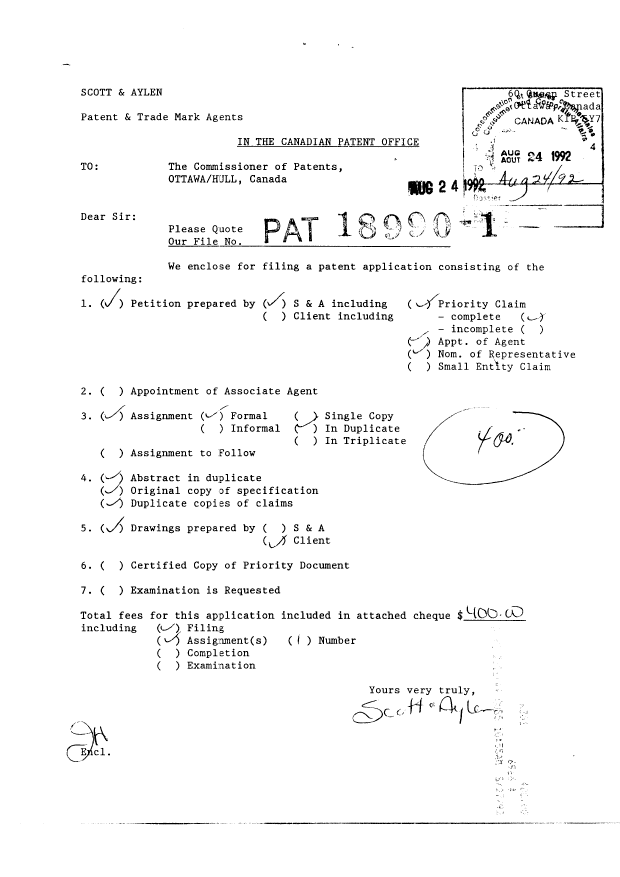 Document de brevet canadien 2076732. Cession 19920824. Image 1 de 7