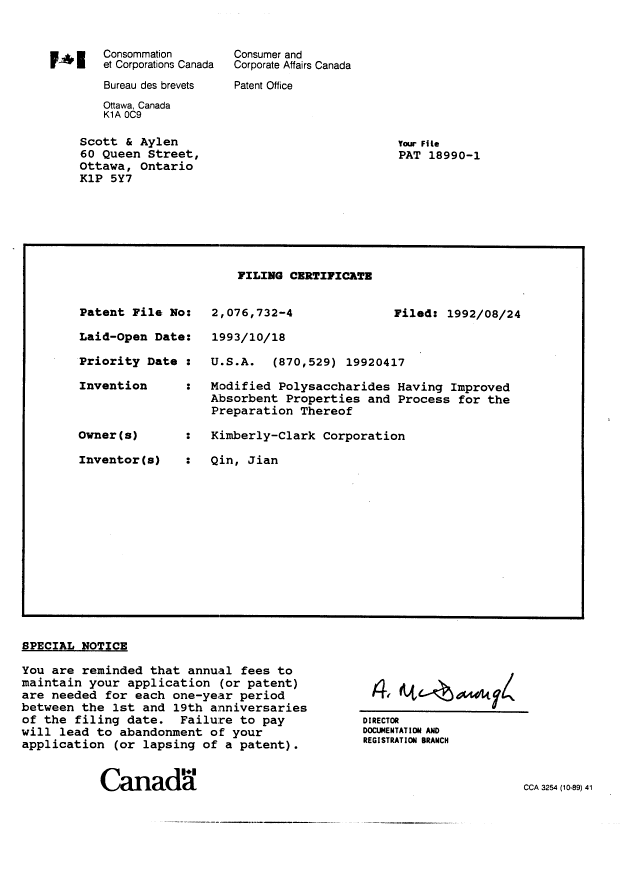 Document de brevet canadien 2076732. Cession 19920824. Image 7 de 7