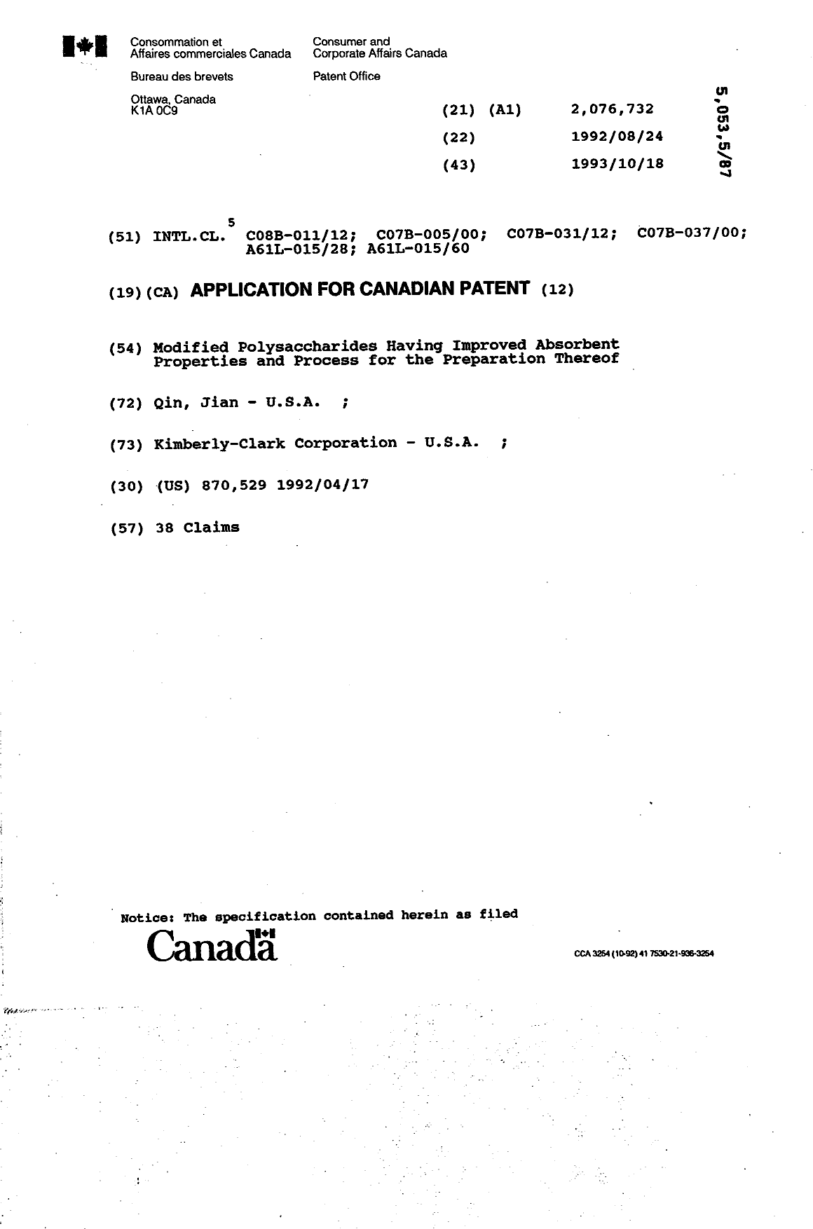 Document de brevet canadien 2076732. Page couverture 19931227. Image 1 de 1