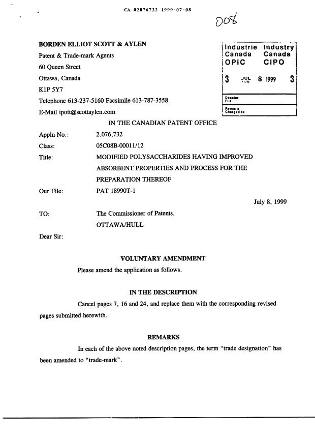 Canadian Patent Document 2076732. Prosecution-Amendment 19981208. Image 1 of 5