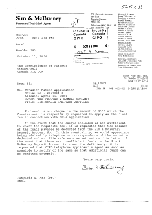 Canadian Patent Document 2077081. Correspondence 20001011. Image 1 of 1