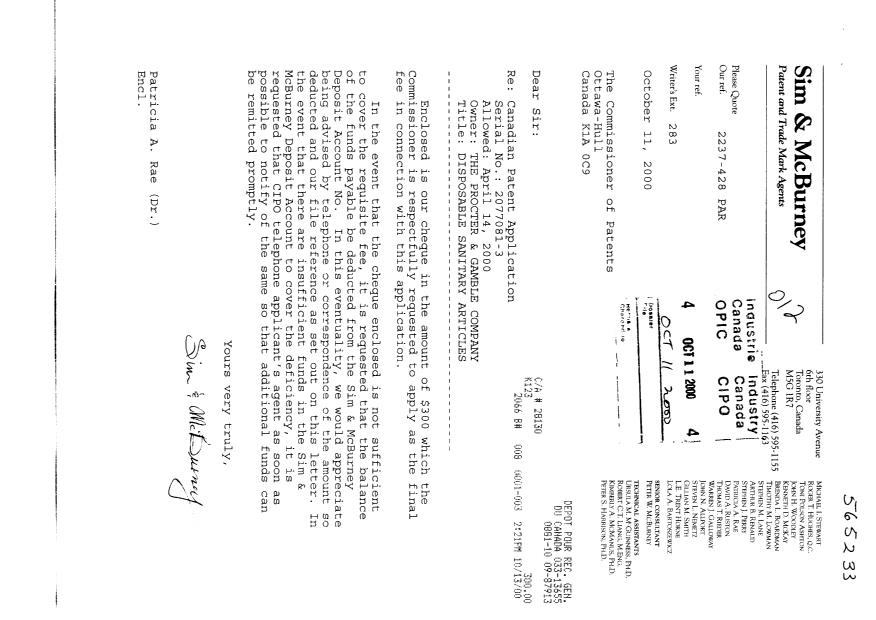 Canadian Patent Document 2077081. Correspondence 20001011. Image 1 of 1