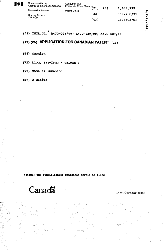 Document de brevet canadien 2077229. Page couverture 19940301. Image 1 de 1