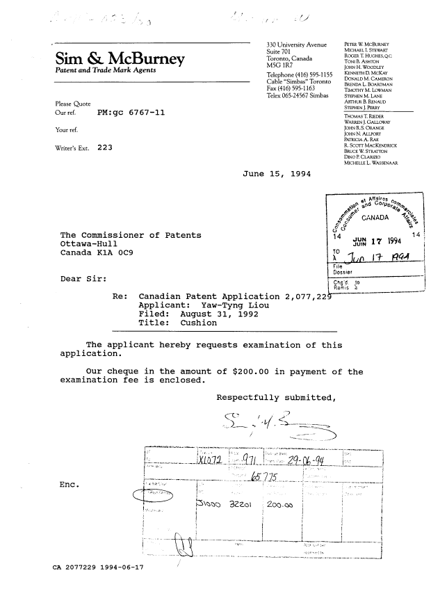 Document de brevet canadien 2077229. Correspondance de la poursuite 19940617. Image 1 de 1