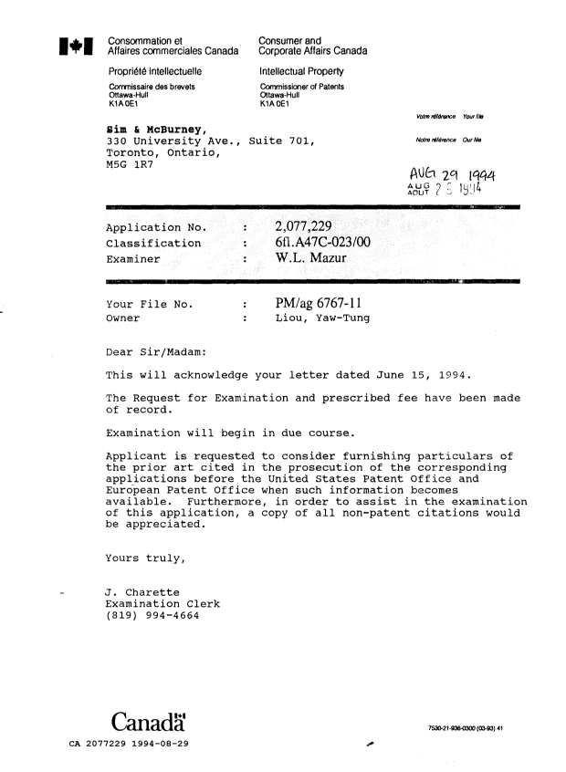 Document de brevet canadien 2077229. Lettre du bureau 19940829. Image 1 de 1
