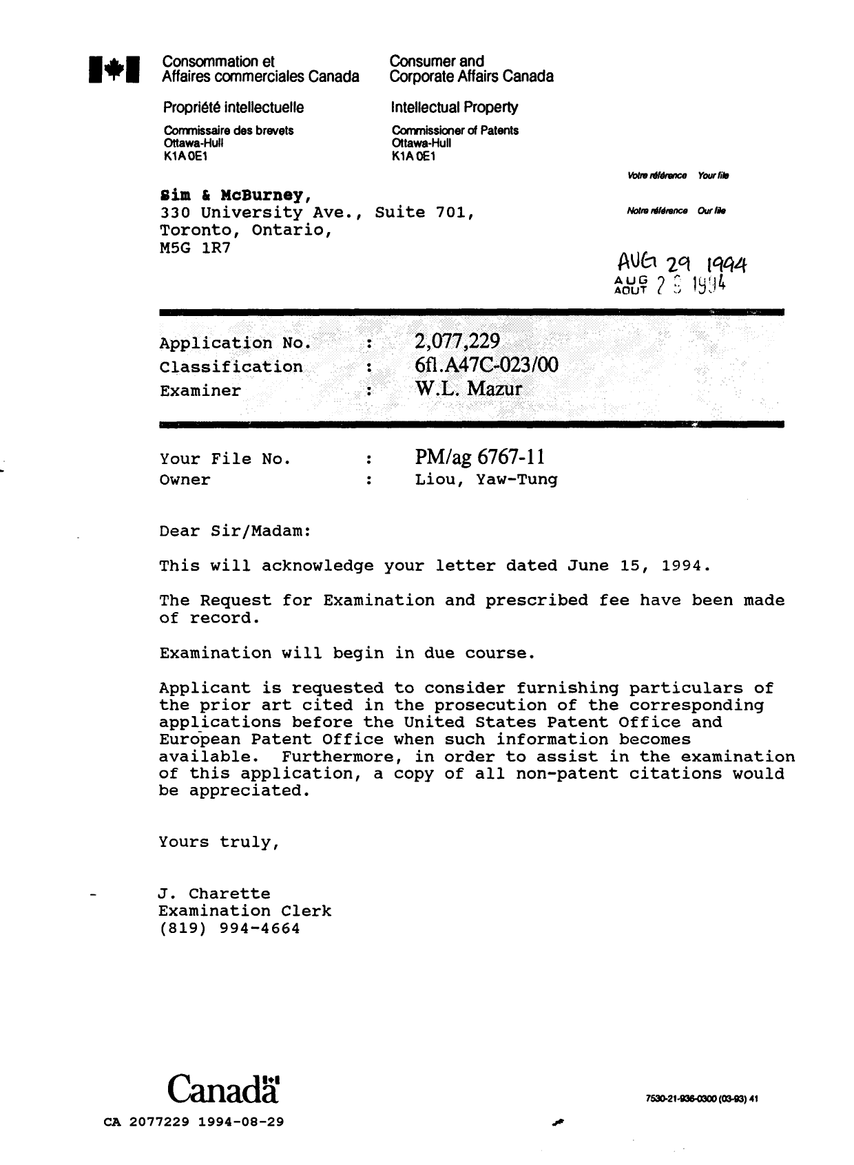 Canadian Patent Document 2077229. Office Letter 19940829. Image 1 of 1