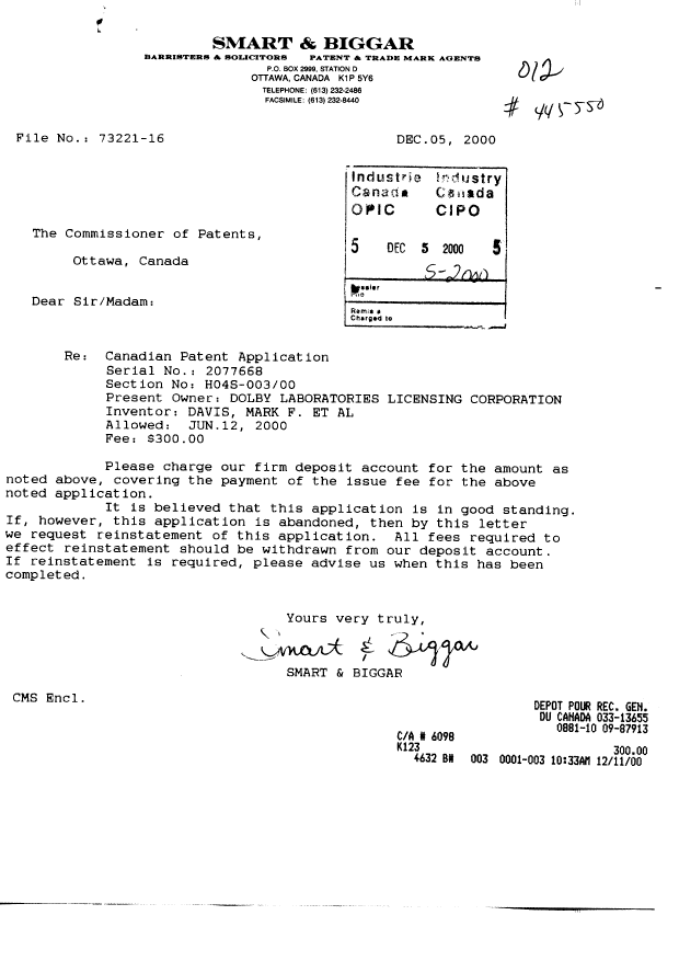 Document de brevet canadien 2077668. Correspondance 20001205. Image 1 de 1