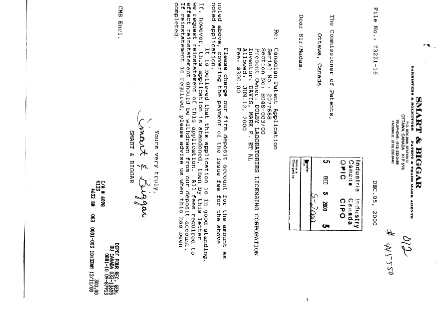 Canadian Patent Document 2077668. Correspondence 20001205. Image 1 of 1