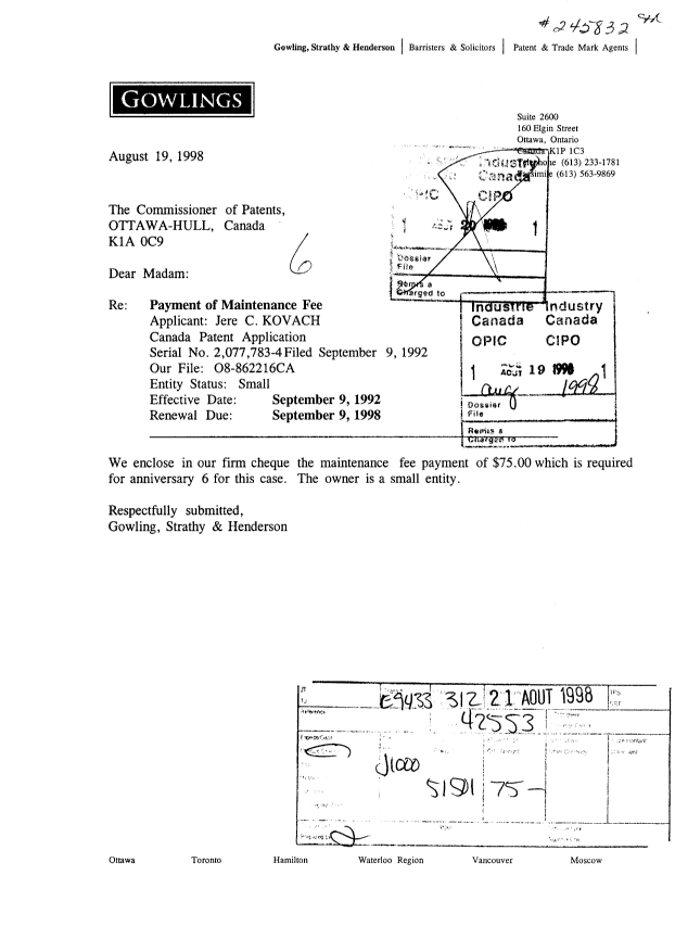 Document de brevet canadien 2077783. Taxes 19980819. Image 1 de 1