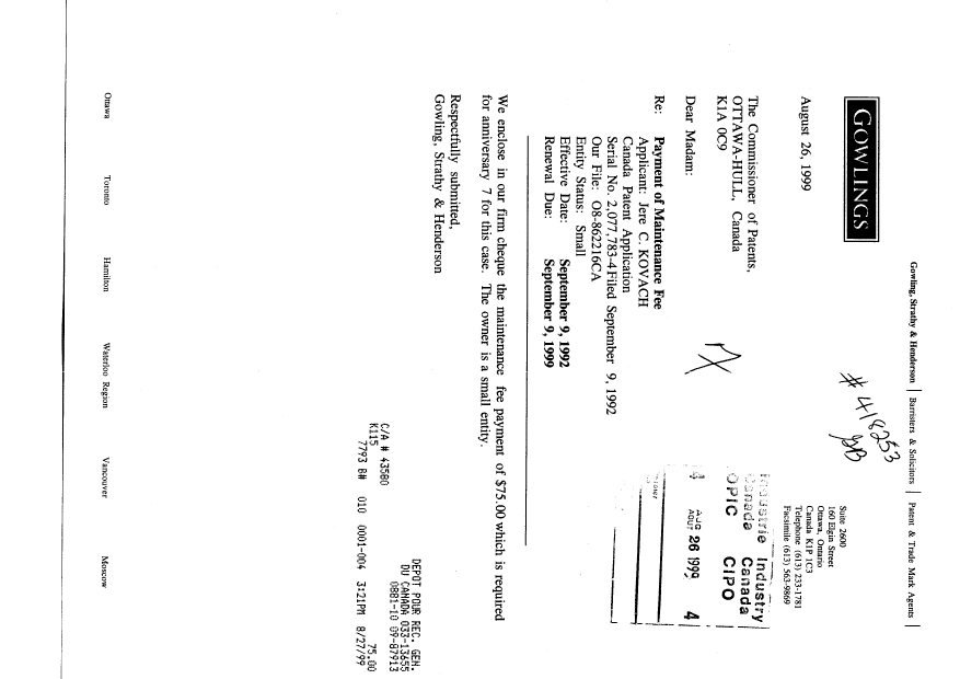 Canadian Patent Document 2077783. Fees 19990826. Image 1 of 1