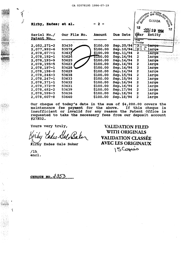 Canadian Patent Document 2078195. Fees 19940719. Image 1 of 1