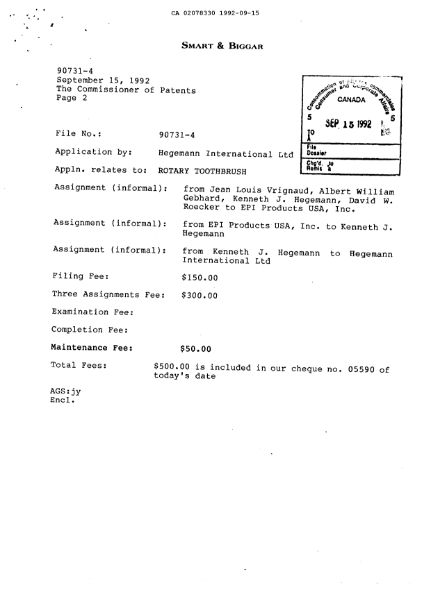 Canadian Patent Document 2078330. Fees 19920915. Image 1 of 1