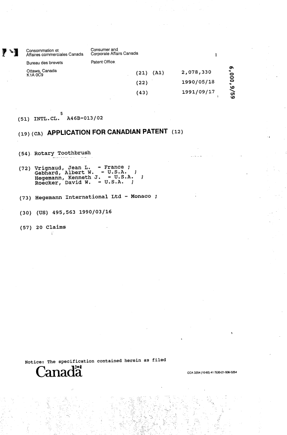 Document de brevet canadien 2078330. Page couverture 19940326. Image 1 de 1