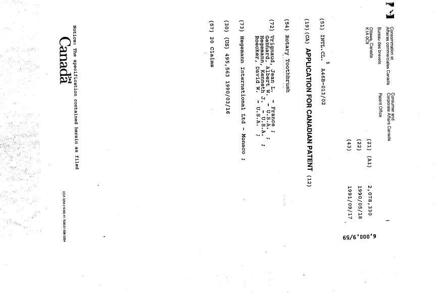 Canadian Patent Document 2078330. Cover Page 19940326. Image 1 of 1