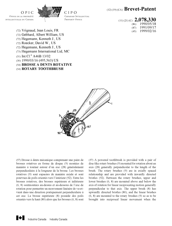 Document de brevet canadien 2078330. Page couverture 19990211. Image 1 de 2
