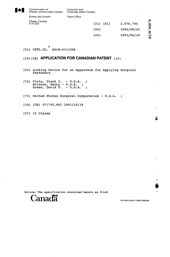 Canadian Patent Document 2078794. Cover Page 19931209. Image 1 of 1