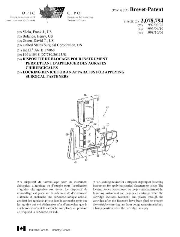 Canadian Patent Document 2078794. Cover Page 19971205. Image 1 of 1