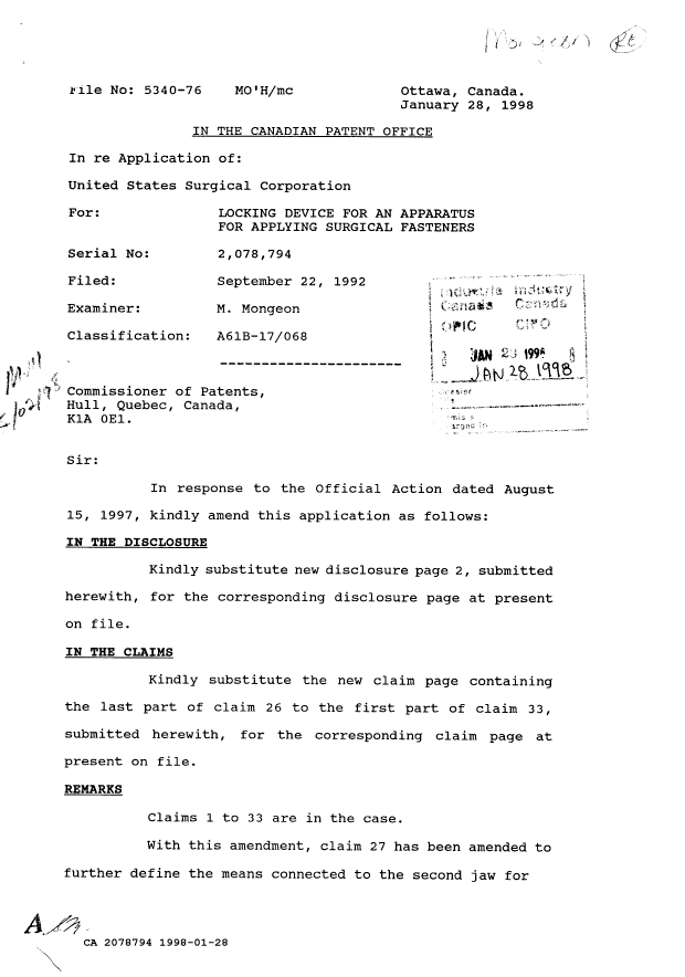 Canadian Patent Document 2078794. Prosecution-Amendment 19971228. Image 1 of 5