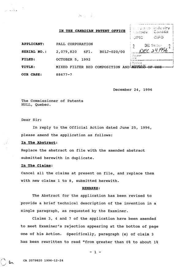 Canadian Patent Document 2079820. Prosecution Correspondence 19961224. Image 1 of 4