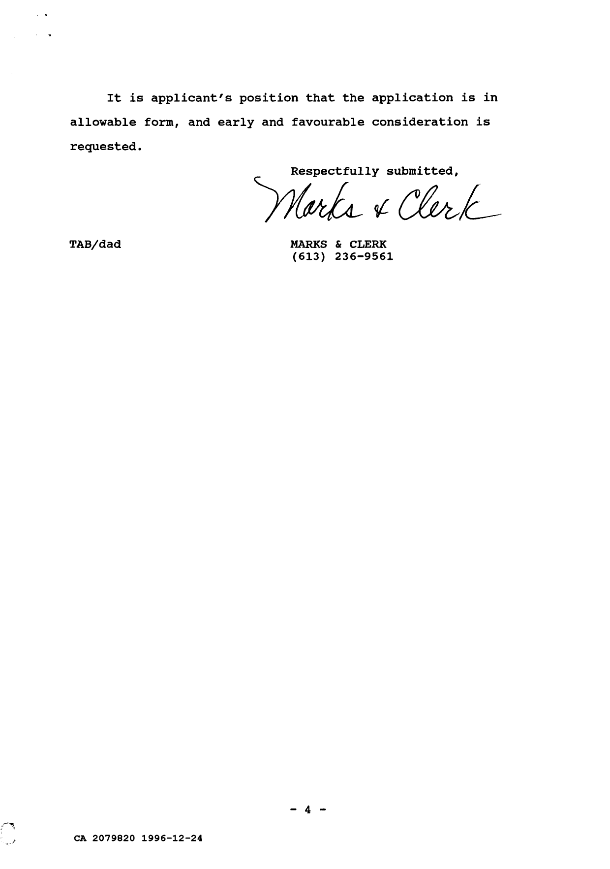 Canadian Patent Document 2079820. Prosecution Correspondence 19961224. Image 4 of 4