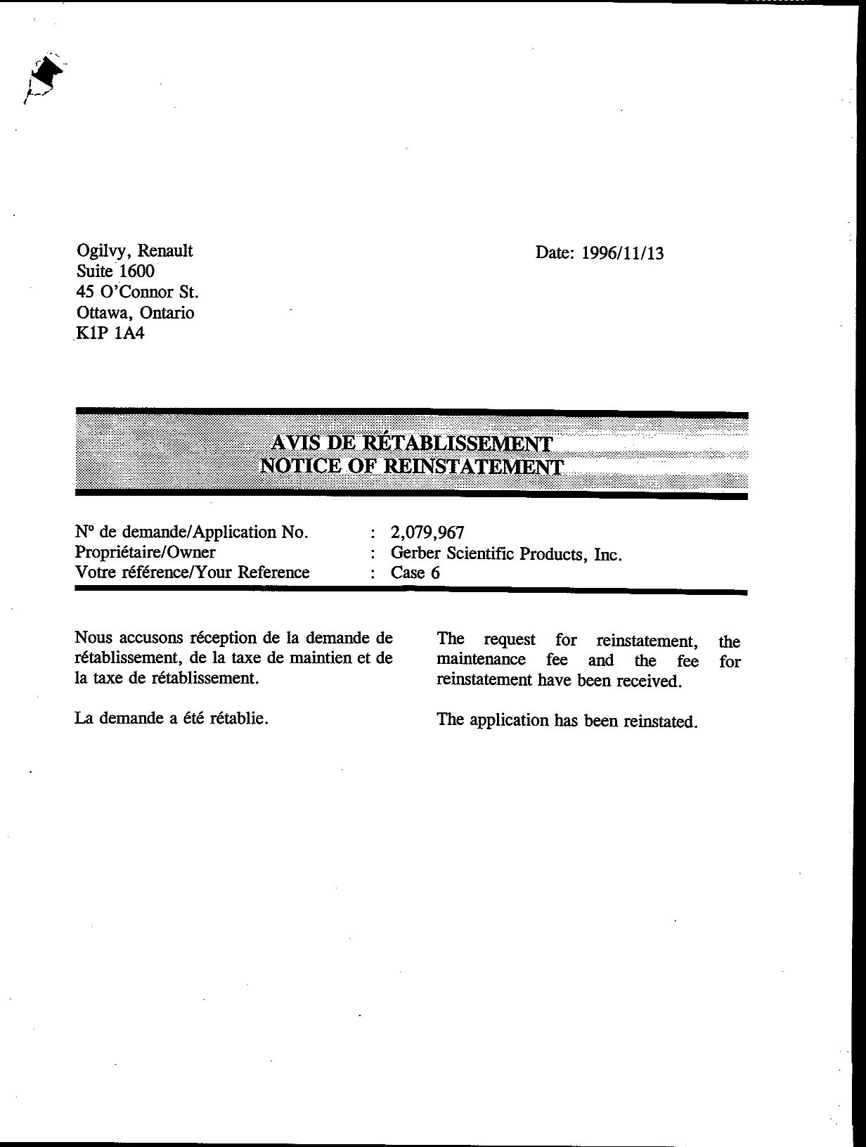 Canadian Patent Document 2079967. Fees 19961113. Image 1 of 1