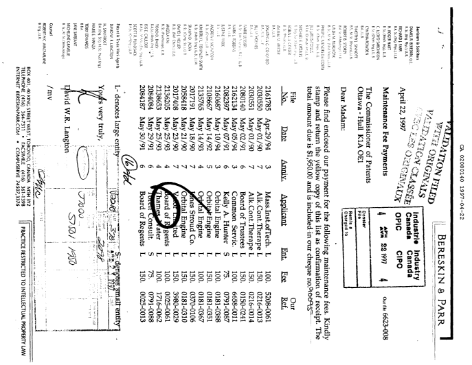 Document de brevet canadien 2080140. Taxes 19970422. Image 1 de 1