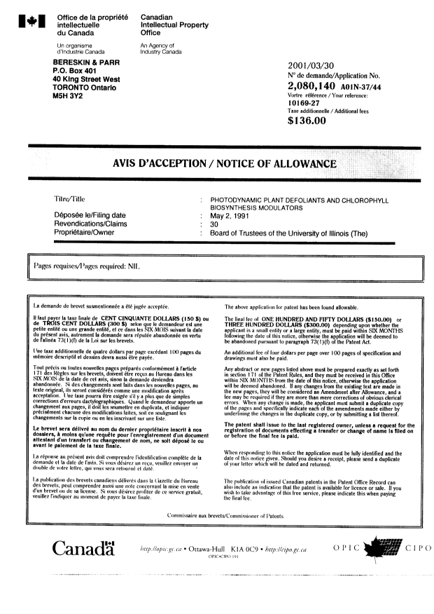 Canadian Patent Document 2080140. Correspondence 20010330. Image 1 of 1