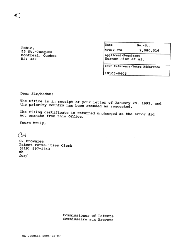 Document de brevet canadien 2080516. Lettre du bureau 19940307. Image 1 de 1
