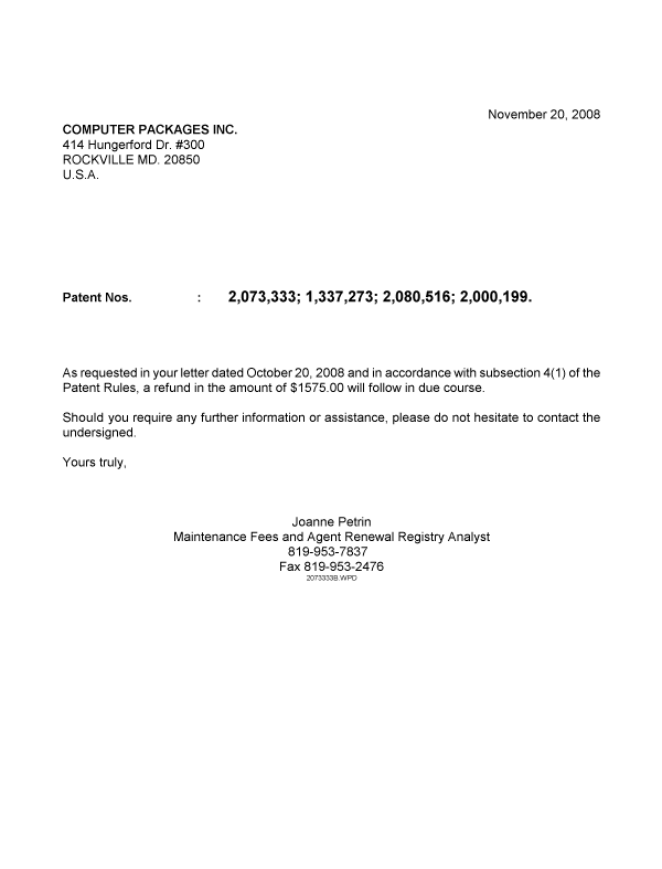 Document de brevet canadien 2080516. Correspondance 20081120. Image 1 de 1