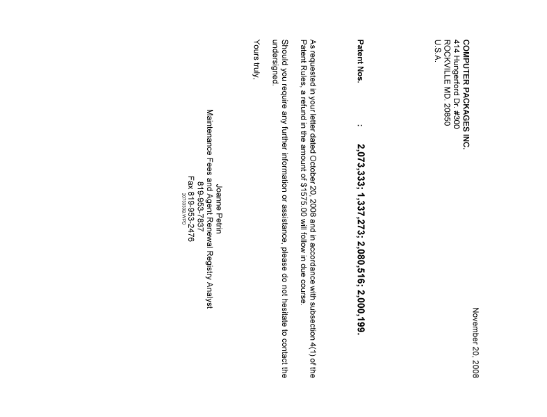 Canadian Patent Document 2080516. Correspondence 20081120. Image 1 of 1