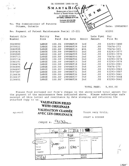 Canadian Patent Document 2080595. Fees 19950405. Image 1 of 1