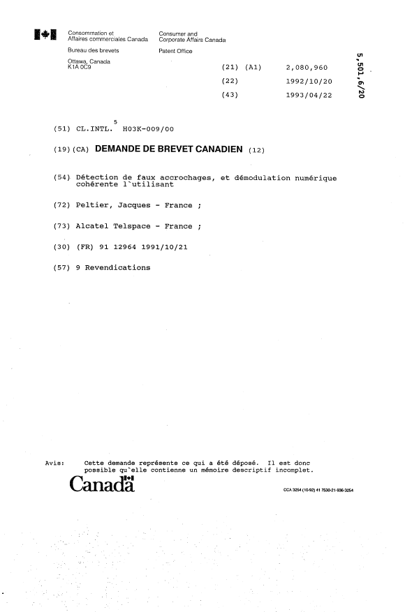 Canadian Patent Document 2080960. Cover Page 19931205. Image 1 of 1