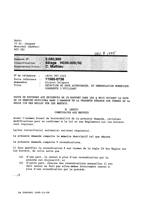 Canadian Patent Document 2080960. Examiner Requisition 19951208. Image 1 of 2