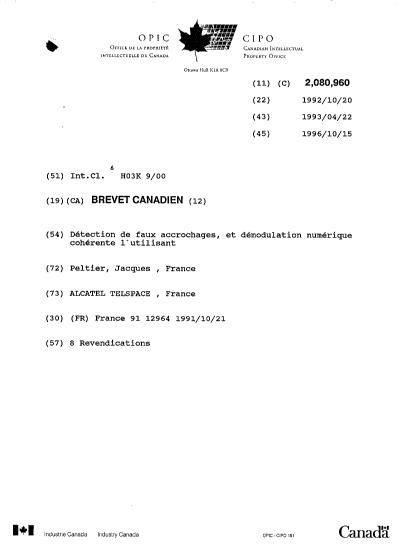 Canadian Patent Document 2080960. Cover Page 19951215. Image 1 of 1