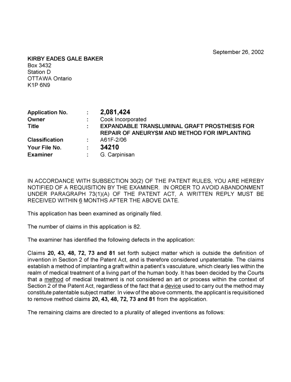 Canadian Patent Document 2081424. Prosecution-Amendment 20020926. Image 1 of 4