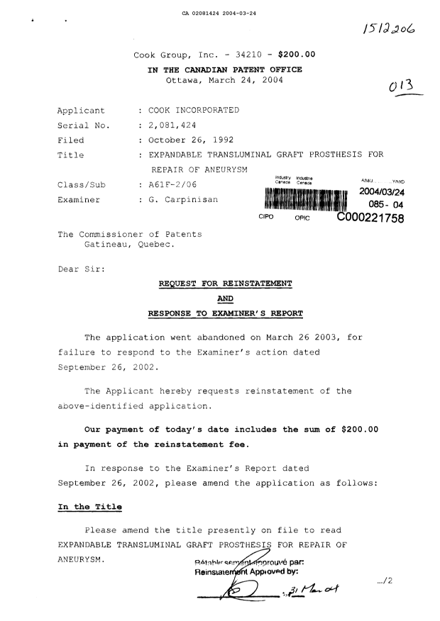 Canadian Patent Document 2081424. Prosecution-Amendment 20031224. Image 1 of 24
