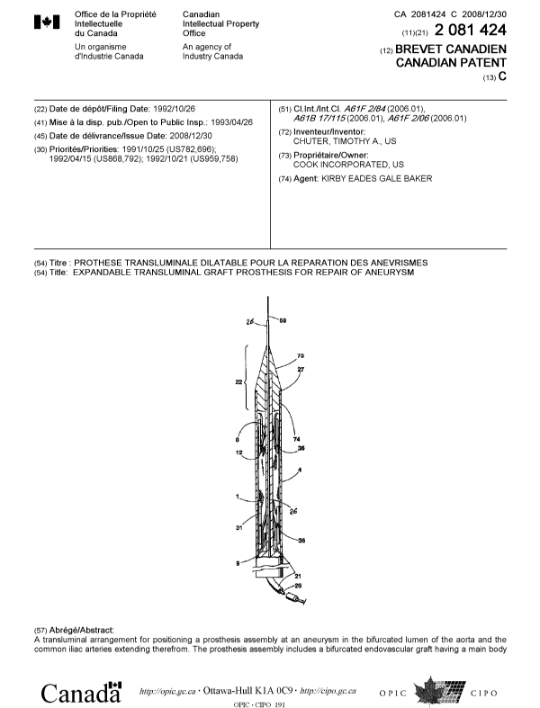 Document de brevet canadien 2081424. Page couverture 20081204. Image 1 de 2