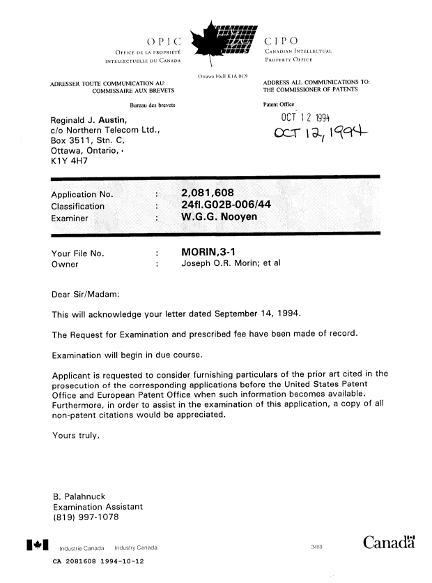 Canadian Patent Document 2081608. Correspondence 19931212. Image 1 of 1