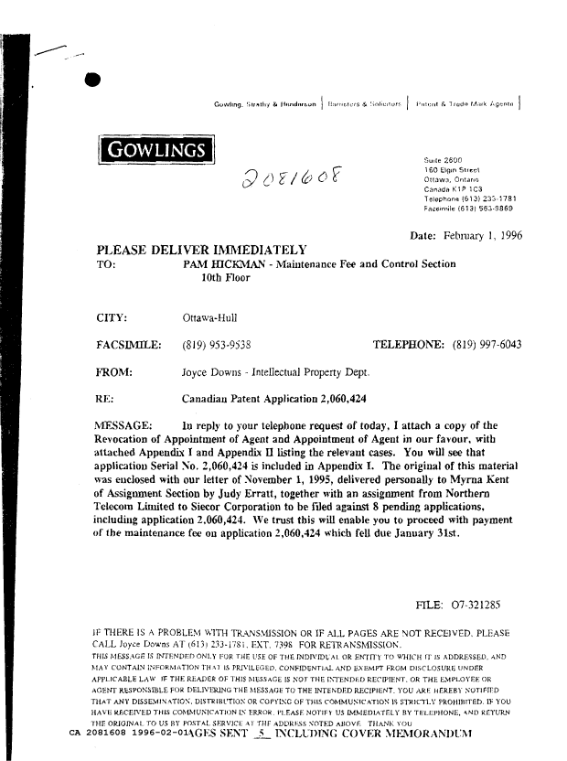 Canadian Patent Document 2081608. Correspondence 19951201. Image 1 of 3