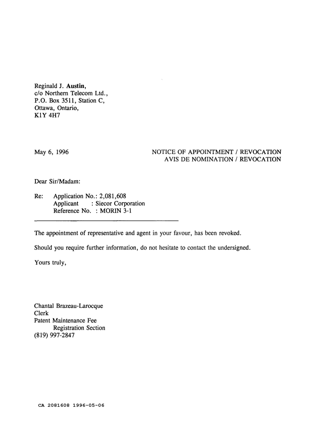 Canadian Patent Document 2081608. Correspondence 19951206. Image 1 of 1