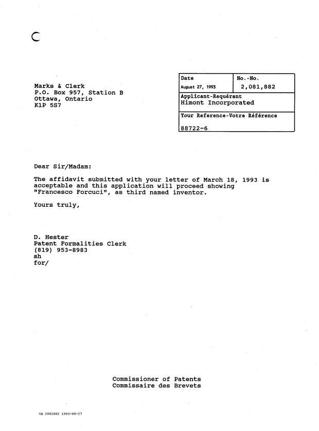 Document de brevet canadien 2081882. Lettre du bureau 19930827. Image 1 de 1